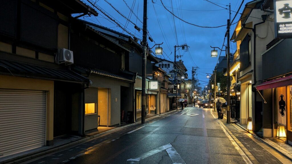 A quiet, rainy street in a city